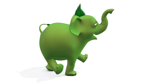 A cheerful green cartoon elephant with a spiky mohawk, mid-stride and trunk raised, against a white background.