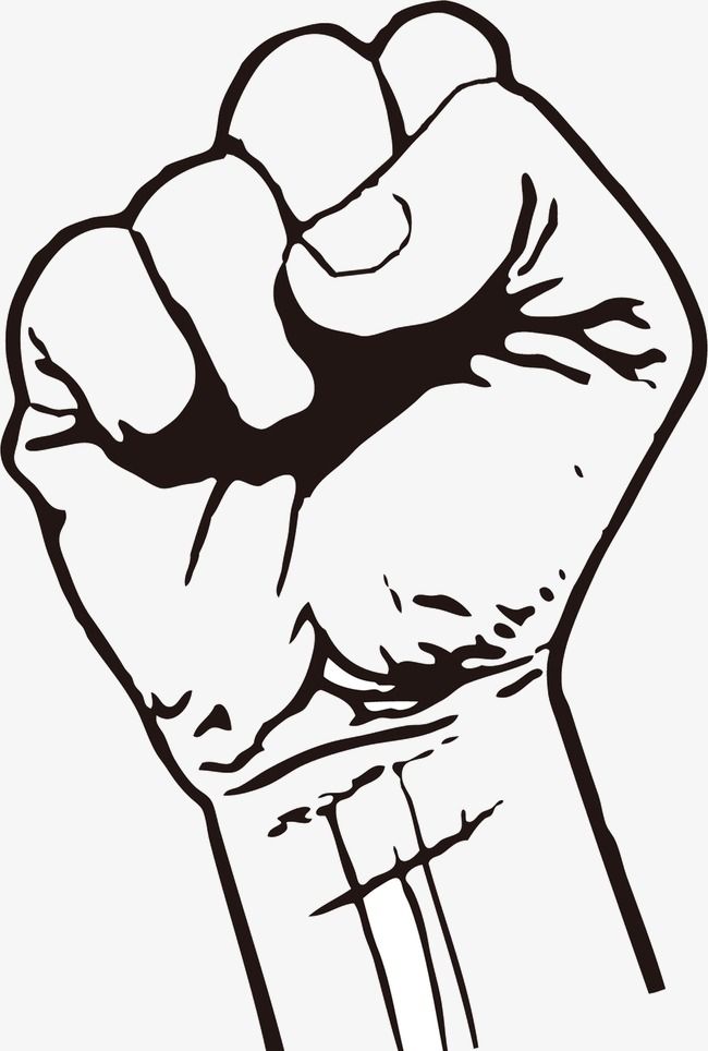 Black-and-white line drawing of a raised clenched fist symbolizing solidarity, resistance, or empowerment.