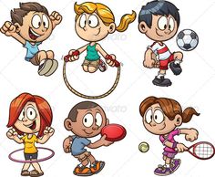 Six diverse cartoon children joyfully playing sports and games including soccer, jump rope, hula hoop, ping pong, and tennis.
