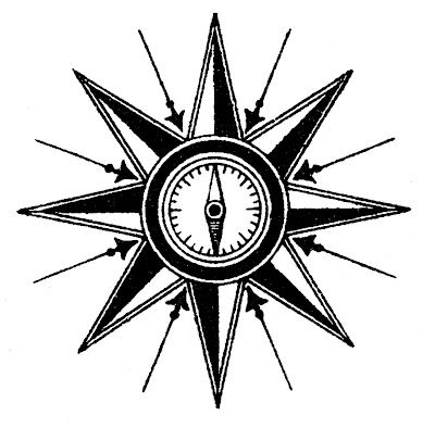 Black-and-white compass rose with 16-point star design and central magnetic needle, symbolizing navigation and direction.