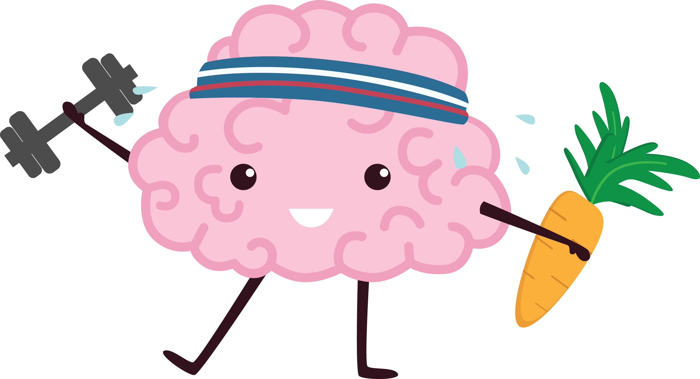 A smiling pink brain character wearing a headband, lifting a dumbbell in one hand and holding a carrot in the other, sweating lightly.