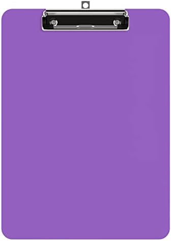 Purple clipboard with silver metal clip and hanging hole, blank surface ready for documents.