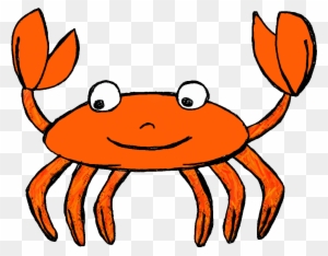 Cheerful orange cartoon crab with big eyes and smiling face on transparent background.