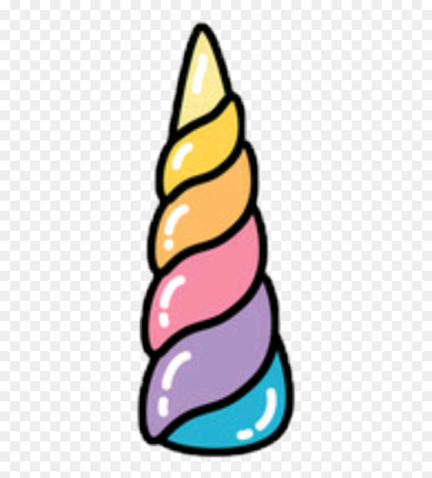 Colorful cartoon unicorn horn with rainbow spiral stripes and glossy highlights on transparent background.