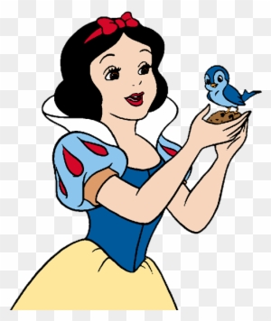 Snow White in her iconic blue and yellow dress gently holds a small blue bird on her palm, smiling warmly.