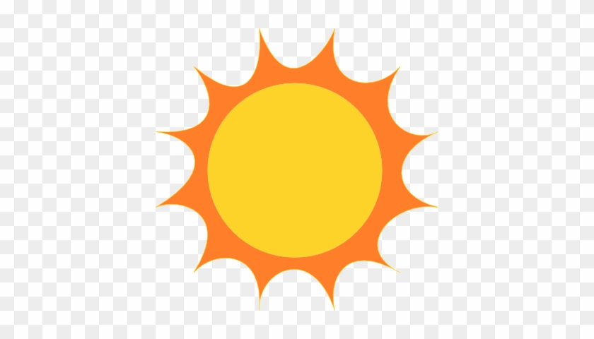 Bright yellow sun with orange rays on transparent background, stylized cartoon icon.