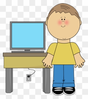 Cartoon boy standing beside a desk with a computer monitor and iPod-like device plugged in.