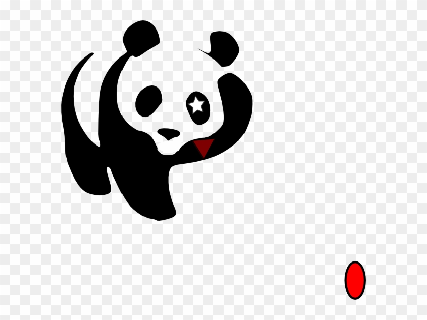 Stylized black-and-white panda with star-shaped eye and red tongue, reaching toward a red oval object on transparent background.