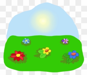 Sunny cartoon landscape with green hill, colorful flowers, and bright sun in blue sky.