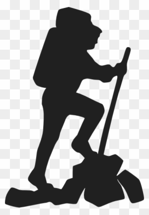 Black silhouette of a hiker with backpack and trekking pole ascending rocky terrain.