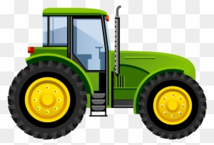 Green agricultural tractor with large black tires and yellow rims, side view illustration.