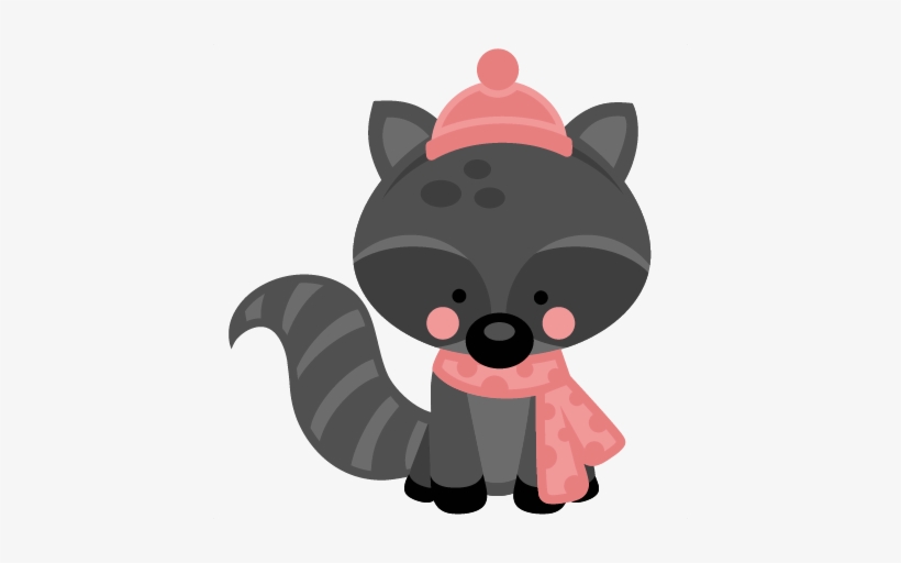 Cute cartoon raccoon wearing a pink beanie and polka-dot scarf, sitting with striped tail curled.