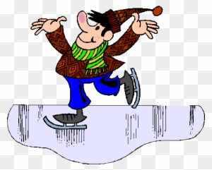 Cartoon man in winter clothes joyfully ice skating on a frozen puddle.