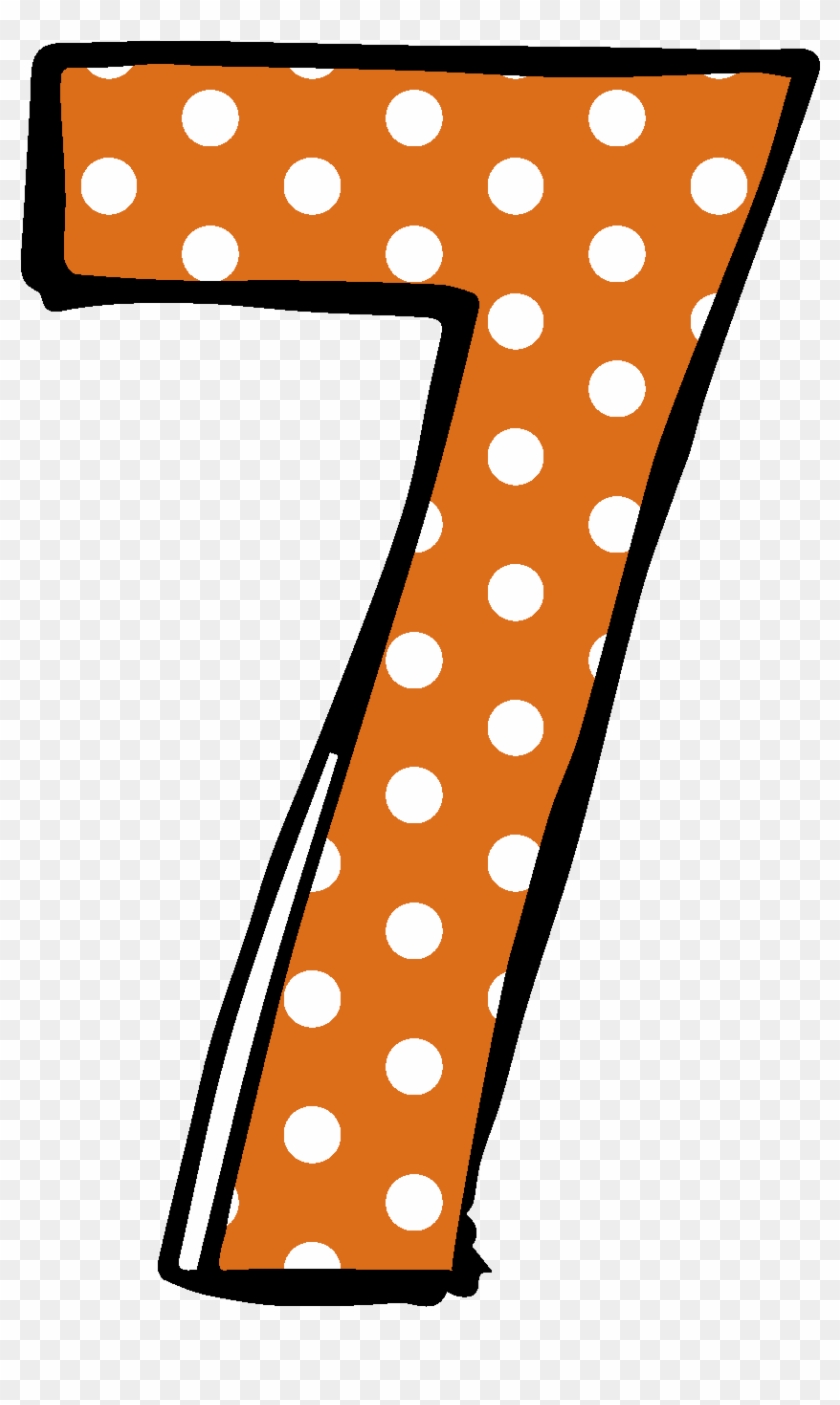 Orange number 7 with white polka dots and black outline on transparent background.
