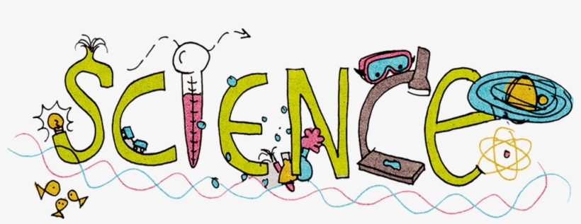 Hand-drawn illustration of the word "SCIENCE" with integrated scientific symbols like a test tube, atom, planet, goggles, and lightbulb.