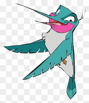 Animated teal hummingbird with pink beak and expressive eyes, mid-flight against transparent background.