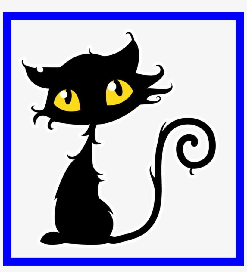 Stylized black cat with bright yellow eyes and a curled tail, outlined in white against a light background, framed in blue.