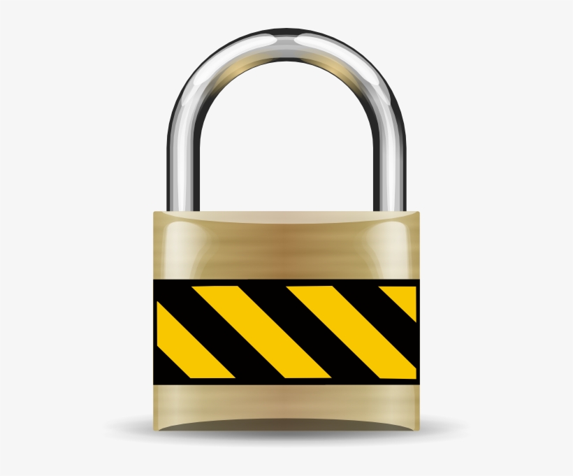 Golden padlock with black-and-yellow hazard stripes and chrome shackle, symbolizing security and caution.