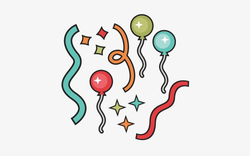 Colorful celebration clipart with balloons, streamers, and confetti stars.