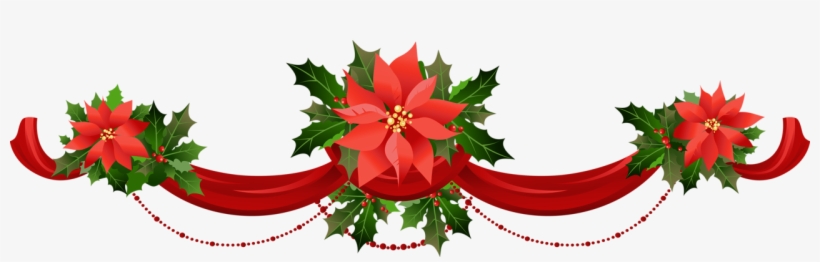 Festive Christmas garland with red poinsettias, holly leaves, berries, and a ribbon swag.