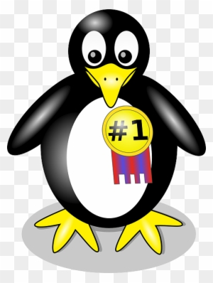 Cartoon penguin holding a "#1" gold medal ribbon, smiling with large eyes and yellow beak and feet.