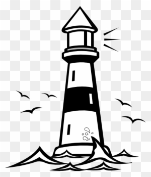 Black-and-white lighthouse on rocky waves with birds flying and light beam shining.