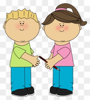 Two cartoon children, boy and girl, shaking hands while holding a pencil together.