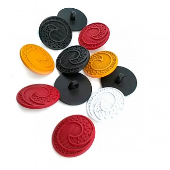 Assorted colorful circular buttons with textured spiral and dot patterns in red, black, orange, white, and yellow.