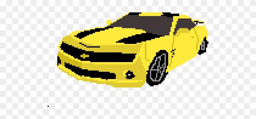 Pixel art yellow Chevrolet Camaro with black racing stripes on transparent background.
