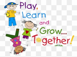 Three cheerful cartoon children playing, learning, and growing together with colorful text.