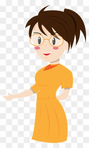 Friendly cartoon woman with glasses and orange dress gesturing warmly.