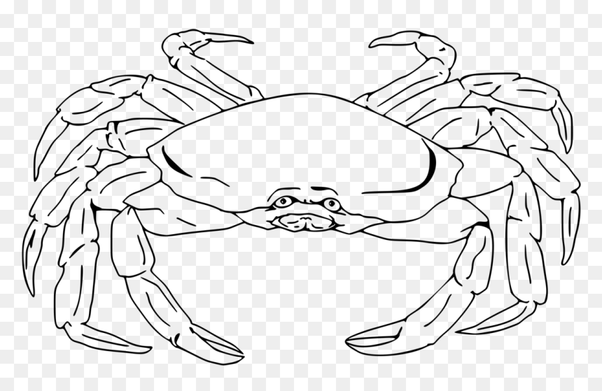 Black-and-white line drawing of a crab with expressive eyes and prominent claws on transparent background.