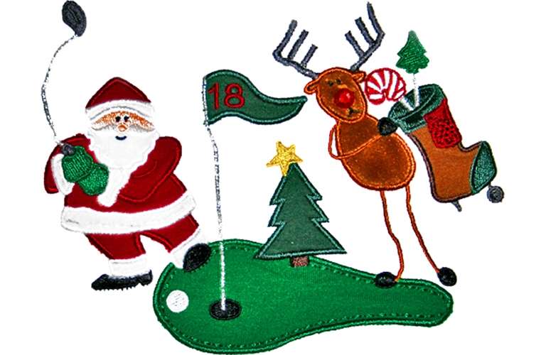 Santa Claus swinging a golf club beside a reindeer holding candy and a stocking on a festive green with hole 18 flag.