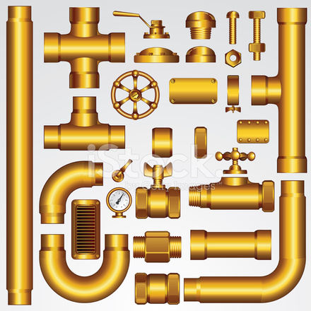 Collection of golden brass plumbing fittings, valves, pipes, and connectors isolated on white background.