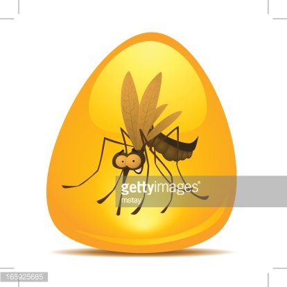 A cartoon mosquito trapped inside a glowing amber-colored resin droplet, stylized and isolated on white background.
