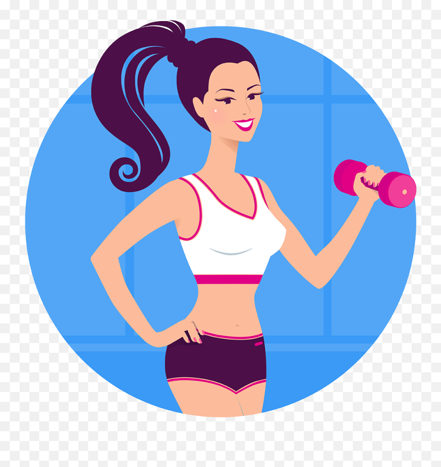 Smiling woman in sportswear lifting a pink dumbbell, with ponytail and confident pose against blue circular background.