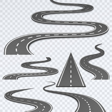 Winding road illustrations with dashed center lines on transparent background, including a triangular road sign icon.