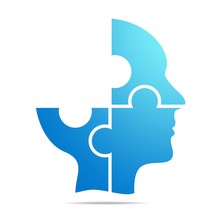 Blue puzzle pieces forming a human head silhouette, symbolizing cognitive assembly, mental health, or problem-solving.