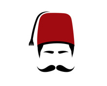 Stylized icon of a man wearing a red fez with tassel and a prominent black mustache.