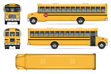 Yellow school bus vector illustration showing front, side, rear, and top views with stop sign extended.