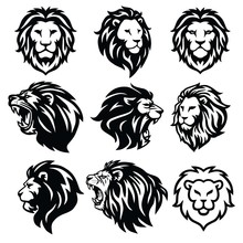 Nine stylized black-and-white lion head illustrations in a 3x3 grid, showing various poses and expressions.