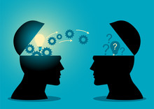 Two silhouetted heads with open skulls; one shows gears and light, the other question marks, connected by arrows symbolizing idea exchange.