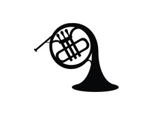 Black silhouette of a French horn on white background, showing coiled tubing, valves, and flared bell.