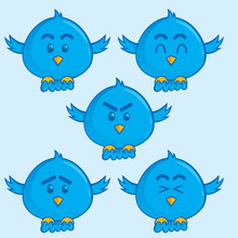 Five cartoon blue birds with expressive faces-happy, angry, sleepy, and surprised-arranged in a cluster on a light blue background.