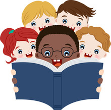 Diverse group of smiling children gathered around a boy reading a book aloud.