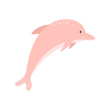 A stylized pink dolphin leaping, with white speckles on its back and a friendly expression.