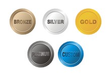 Five metallic award badges: bronze, silver, gold, platinum, and custom in circular designs.