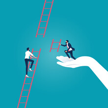 Two businesspeople climbing ladders, one assisted by a large hand offering support and guidance.