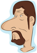 Caricature of a man with exaggerated large nose, beard, and skeptical expression, stylized line art on light blue background.