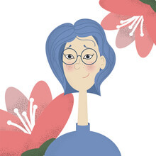 Friendly Blue-Haired Woman with Glasses - Floral Illustration
